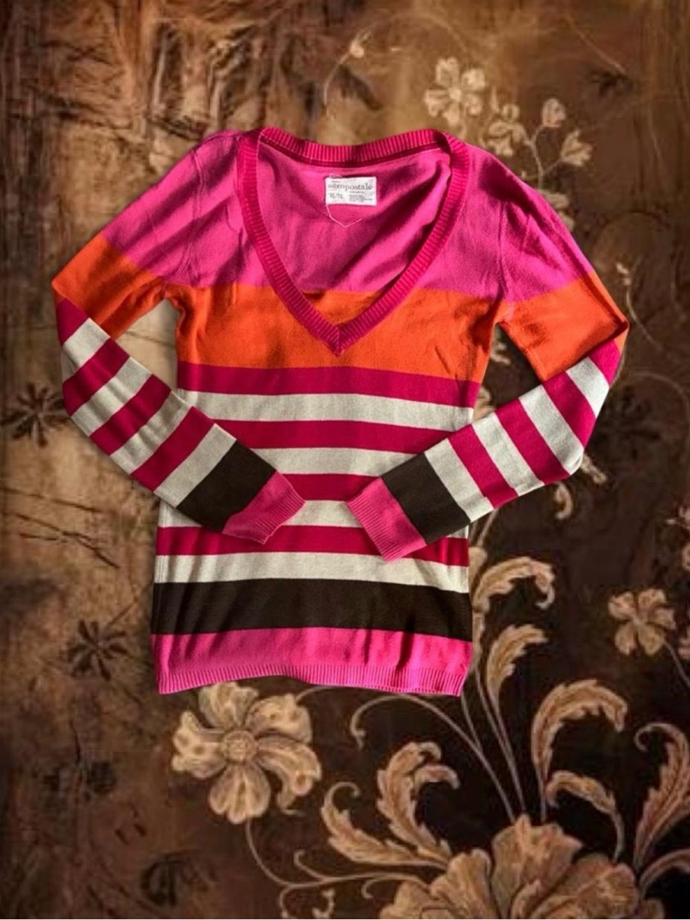 Aeropostale Women’s V-Neck Striped Sweater in Pink, Orange & White